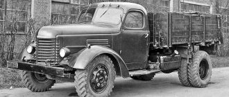 A prototype of the ZIS-585 dump truck with a wooden-metal body, equipped with M-15 tires (9.00-20). Moscow, NAMI, 1952 